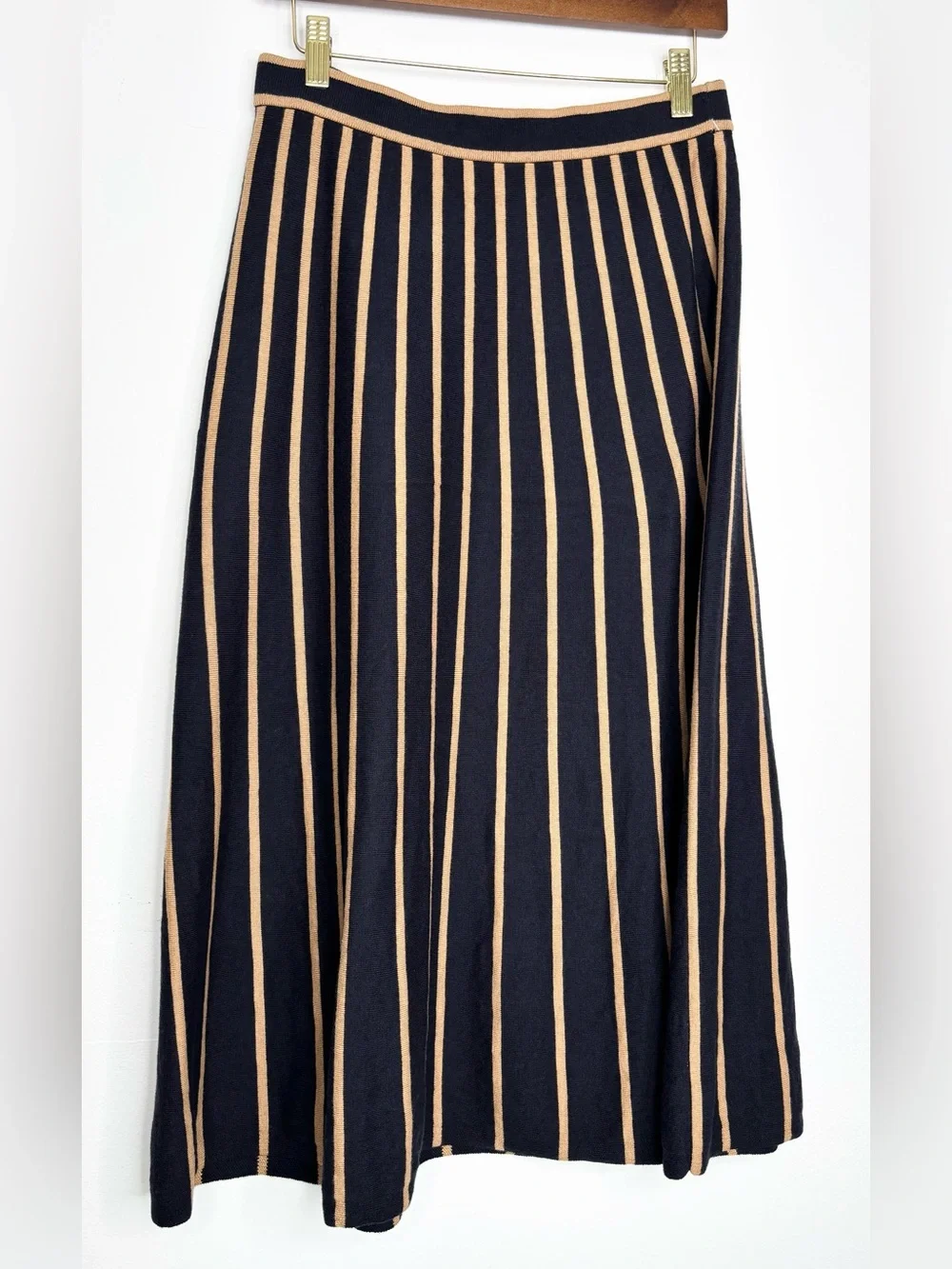 Boden Liz Knitted Midi Skirt Navy Camel Stripe Cotton Wool Size 8